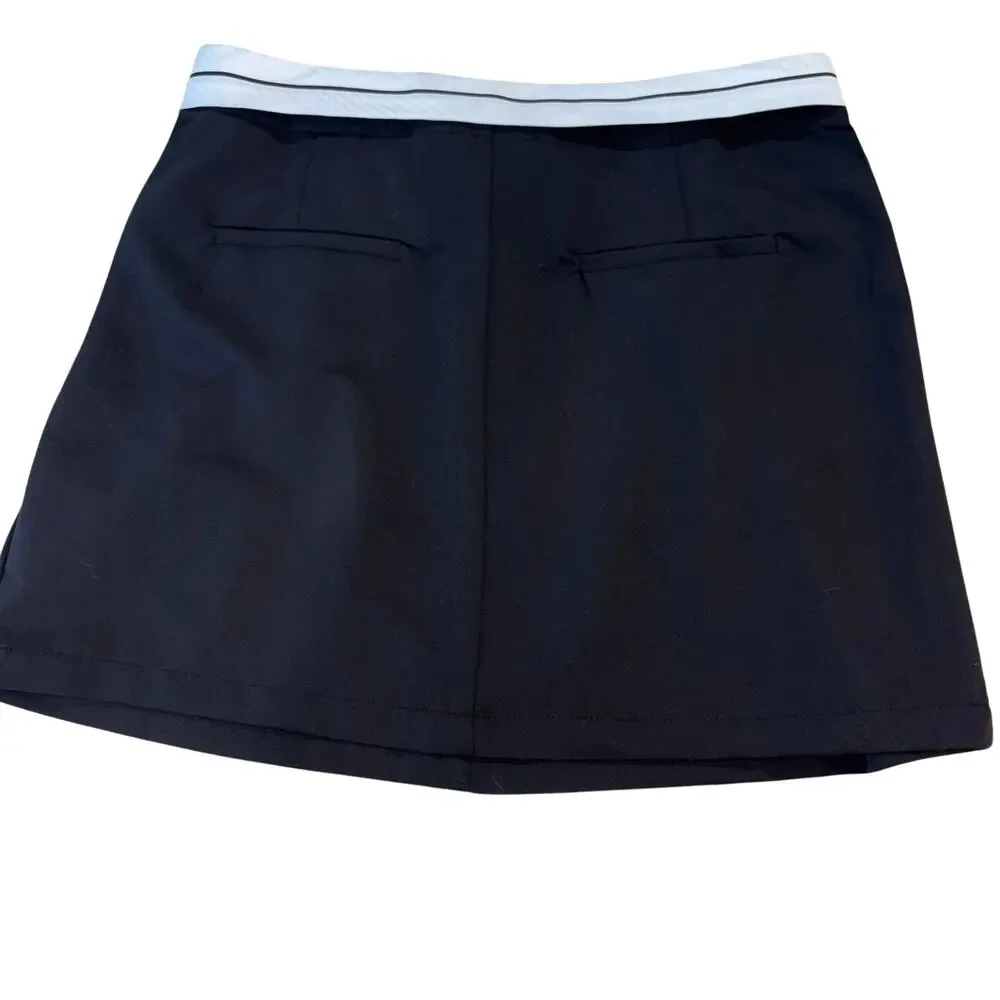 HYFVE Black Pleated Preppy Skort Size L Foldover Striped Waist Mini Skirt Pocket